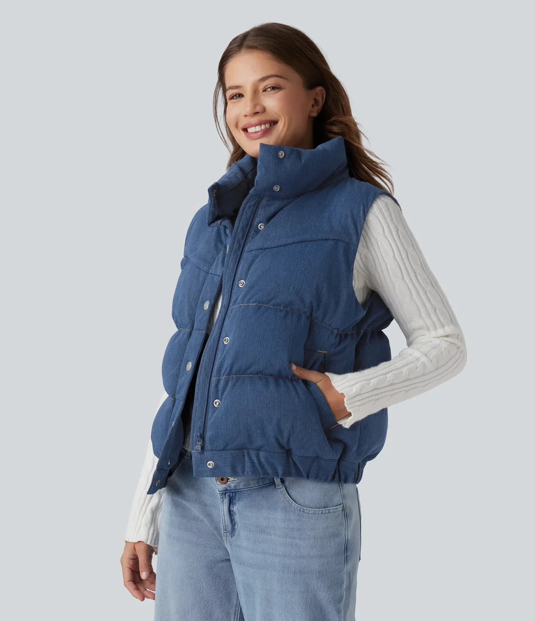 Lyckera Flex denim ståkrage vardaglig vadderad väst med fickor