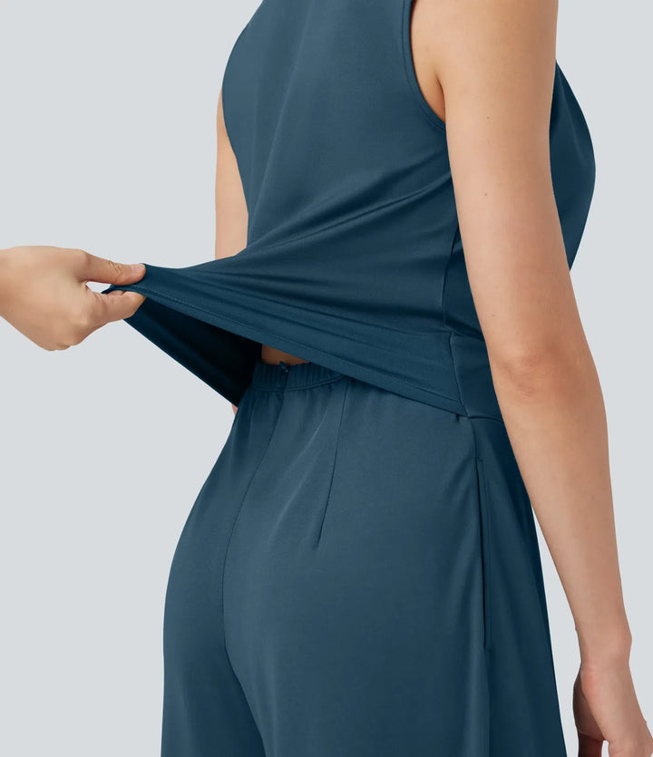 V-ringad ärmlös veckad crossover magkontroll vardaglig jumpsuit med fickor-Easy Peezy
