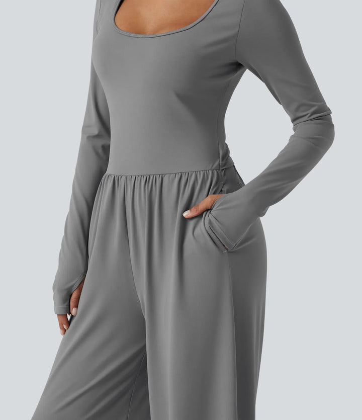 U-ringad långärmad tumhål vida ben rynkat vardaglig jumpsuit med inbyggd BH och fickor -Easy Peezy Edition