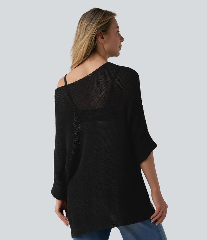 Enaxlad halvlång ärm slits fåll oversized vardaglig tröja med ficka