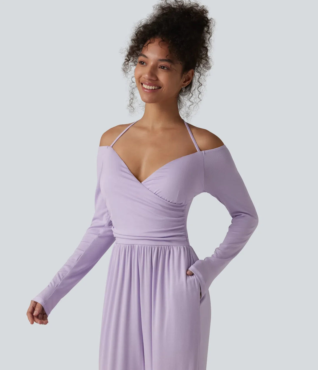 Ribbad halterneck knytband i ryggen bara axlar inbyggd bh långärmad jumpsuit för vardag med fickor