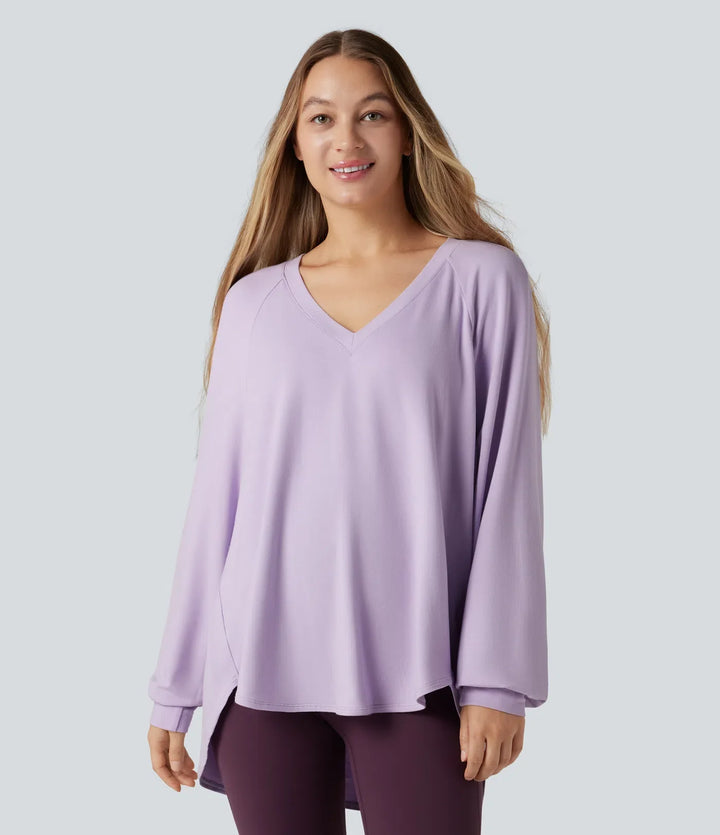 V-ringad långärmad hög-låg vardaglig sweatshirt