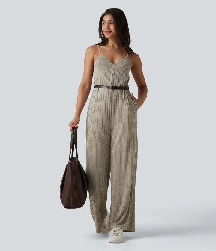 Ribbstickad V-ringad vardaglig slip jumpsuit med fickor