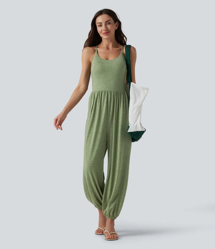 Korsad rygglös ärmlös inbyggd BH melerad vardaglig jumpsuit med fickor-Easy Peezy