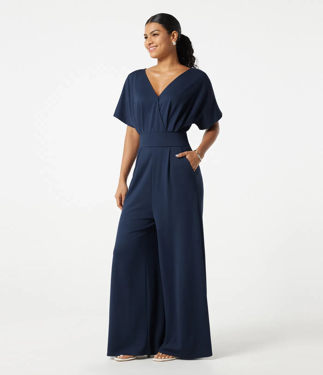 V-ringad kortärmad rynkat vida ben vardaglig jumpsuit med fickor -Easy Peezy Edition