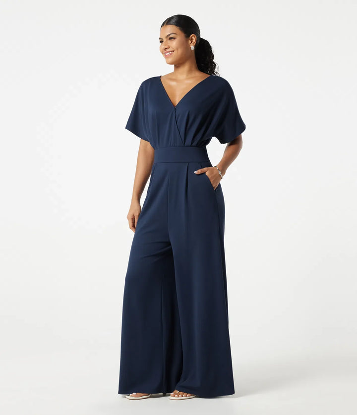 V-ringad kortärmad rynkat vida ben vardaglig jumpsuit med fickor -Easy Peezy Edition