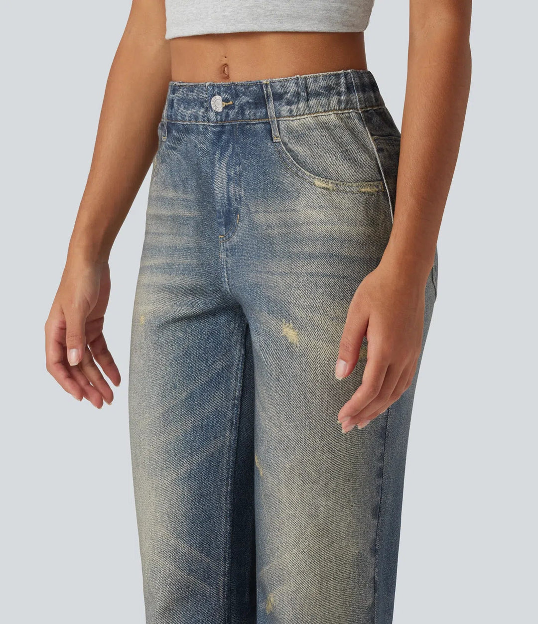 Medelhög midja denim mönster vardaglig utsvängd jeans med fickor