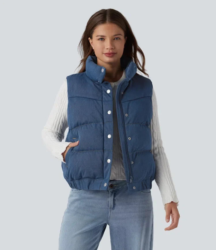 Lyckera Flex denim ståkrage vardaglig vadderad väst med fickor