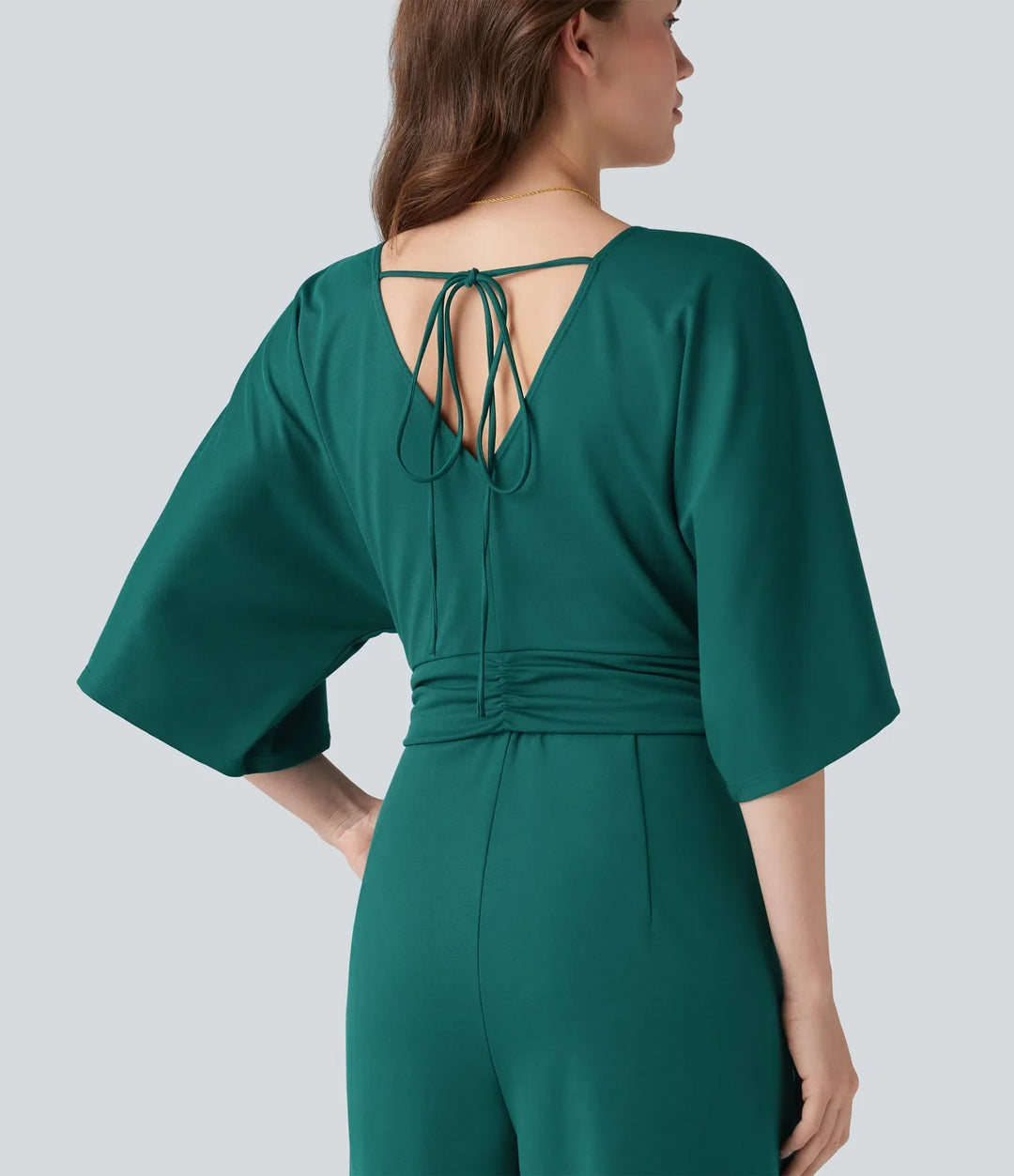 V-ringad halvlång ärm knytning i ryggen arbete baggy jumpsuit med fickor-Easy Peezy