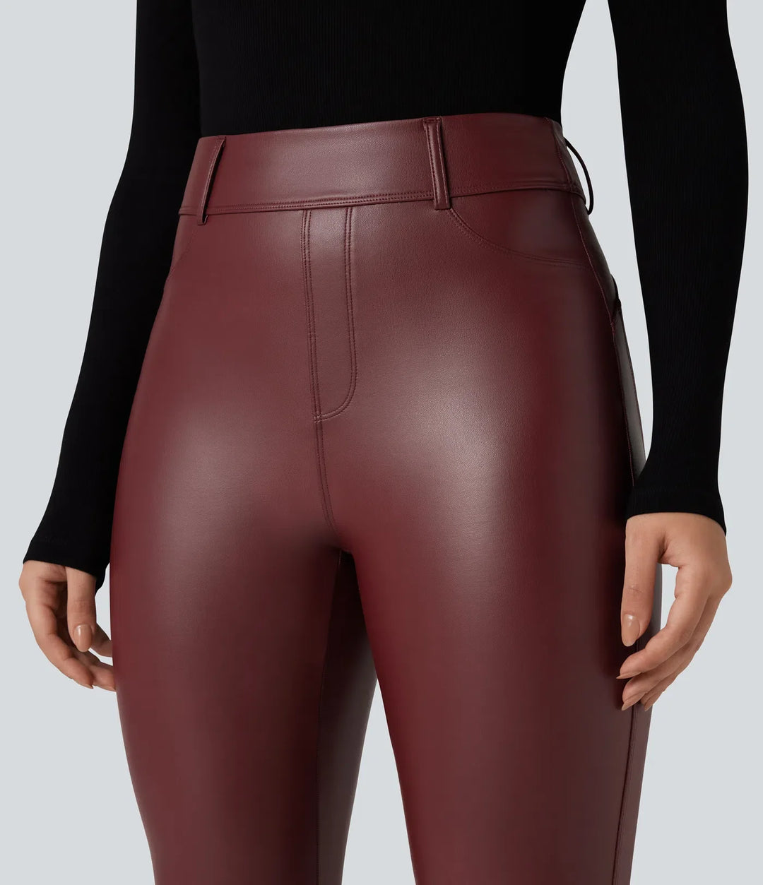 Högmidjad stretchig PU fleece vardagsleggings med fickor