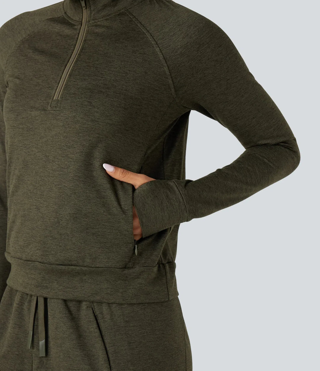 Halv dragkedja tumhål snabbtorkande fleece vardaglig melerad sweatshirt med fickor-UPF40+