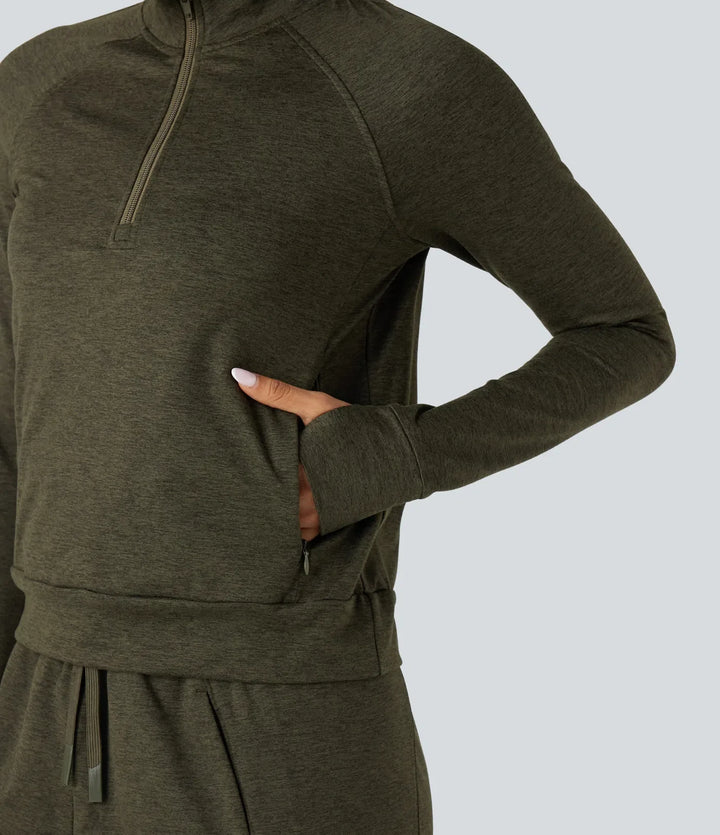 Halv dragkedja tumhål snabbtorkande fleece vardaglig melerad sweatshirt med fickor-UPF40+
