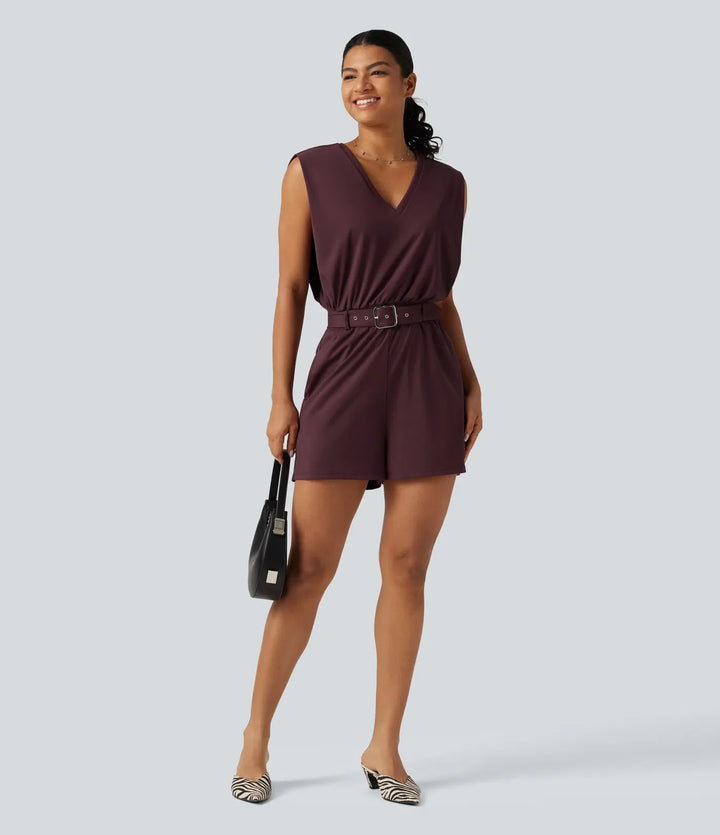 SoftlyZero luftig V-ringad ärmlös bältad InstantCool vardaglig playsuit med fickor-Easy Peezy Edition