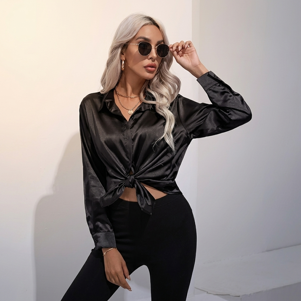 SELWORTH SATIN V-RINGAD BLUS