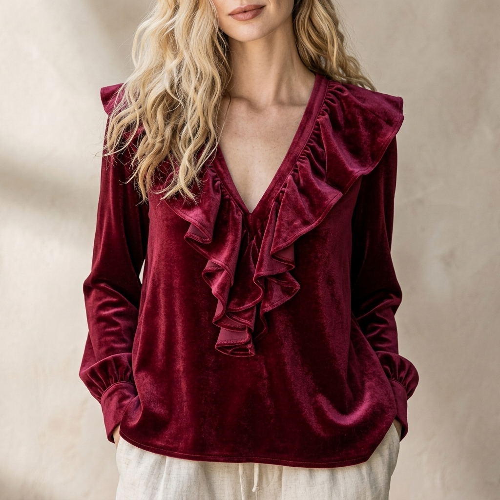 VELOURA V-RINGAD BLUS MED VOLANG