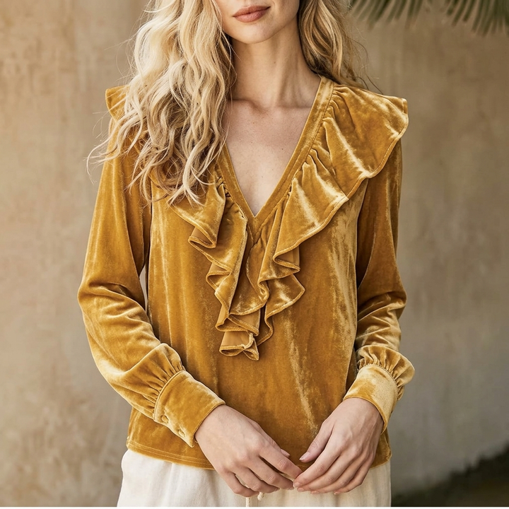 VELOURA V-RINGAD BLUS MED VOLANG
