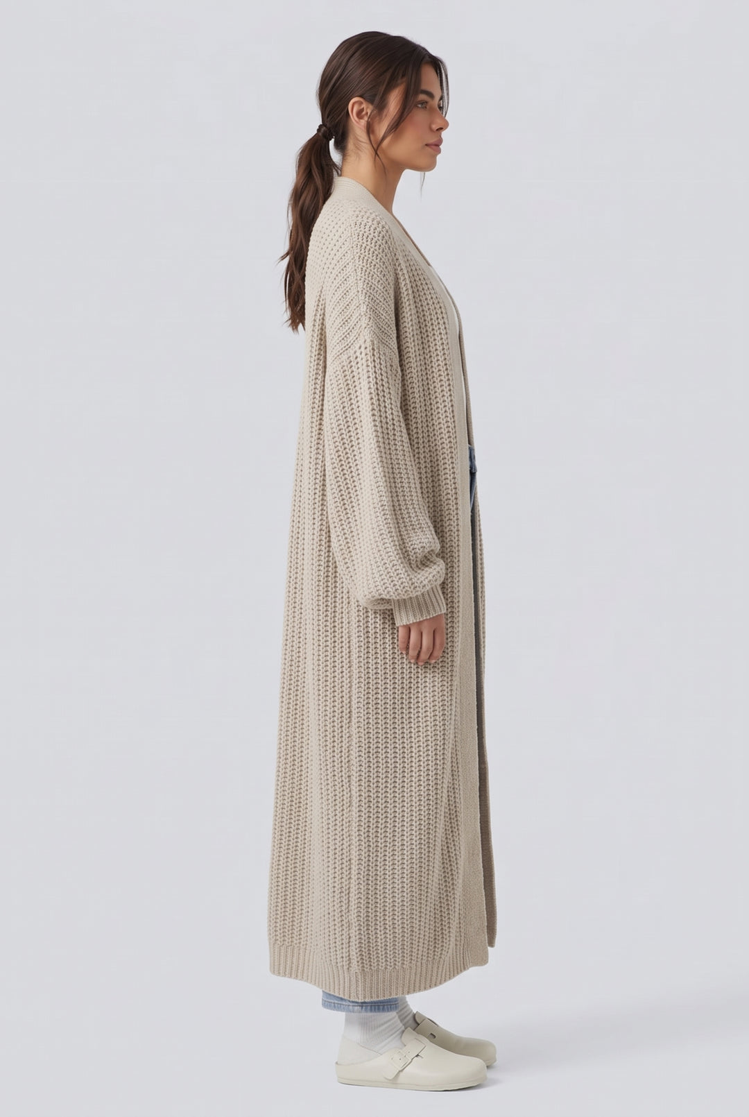 Ribbstickad långärmad slits vardaglig lång modell cardigan