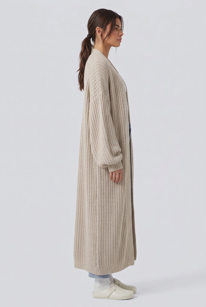 Ribbstickad långärmad slits vardaglig lång modell cardigan