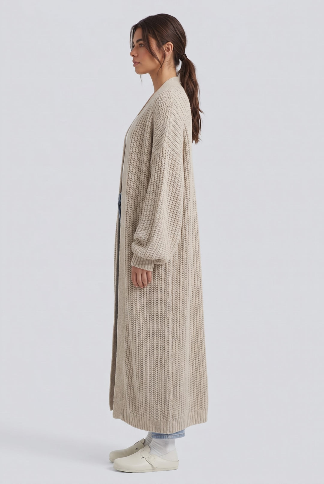 Ribbstickad långärmad slits vardaglig lång modell cardigan