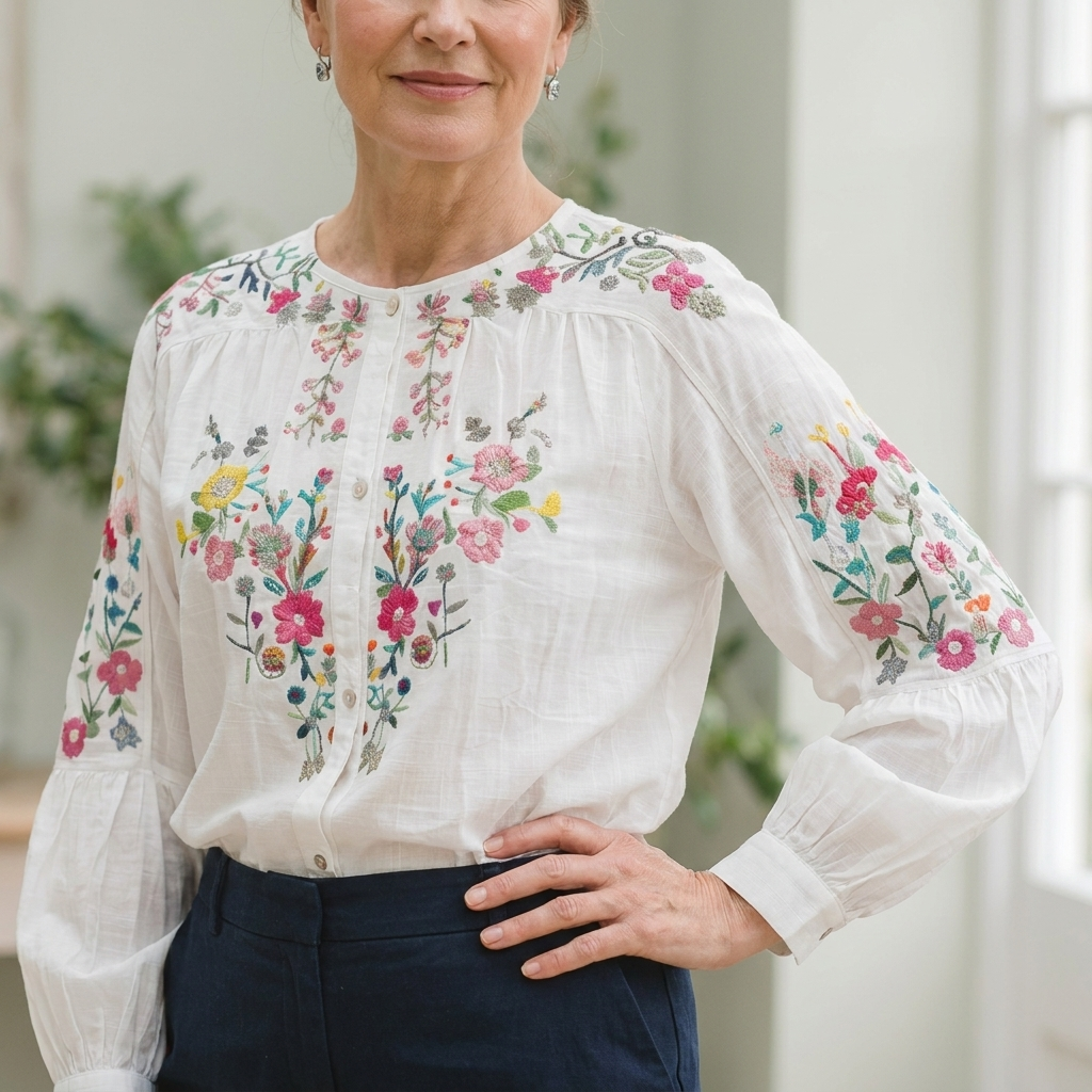 TAMSIN BLOMMIG BRODERAD LINNESKJORTA