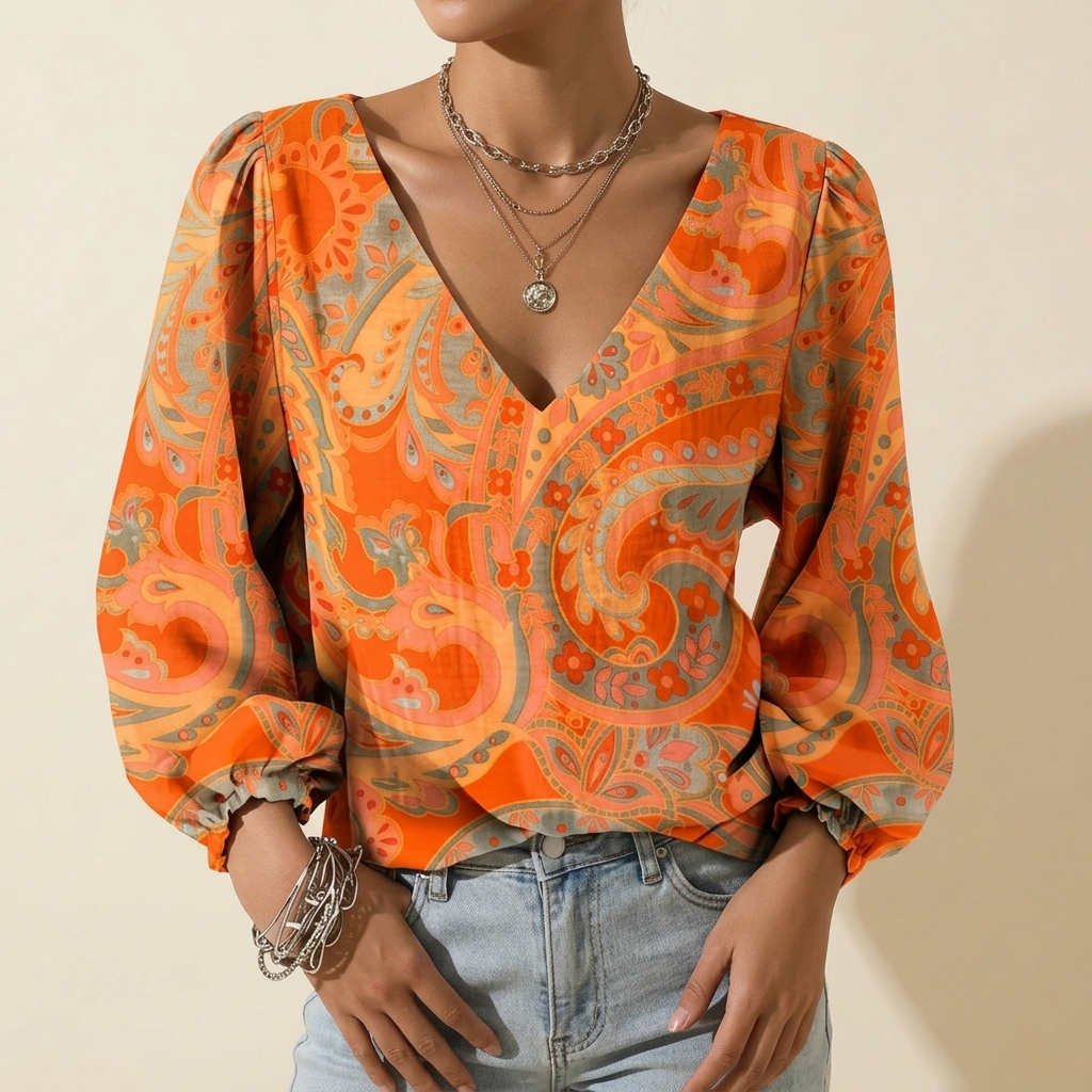 SOLARA PAISLEY V-RINGAD BLUS