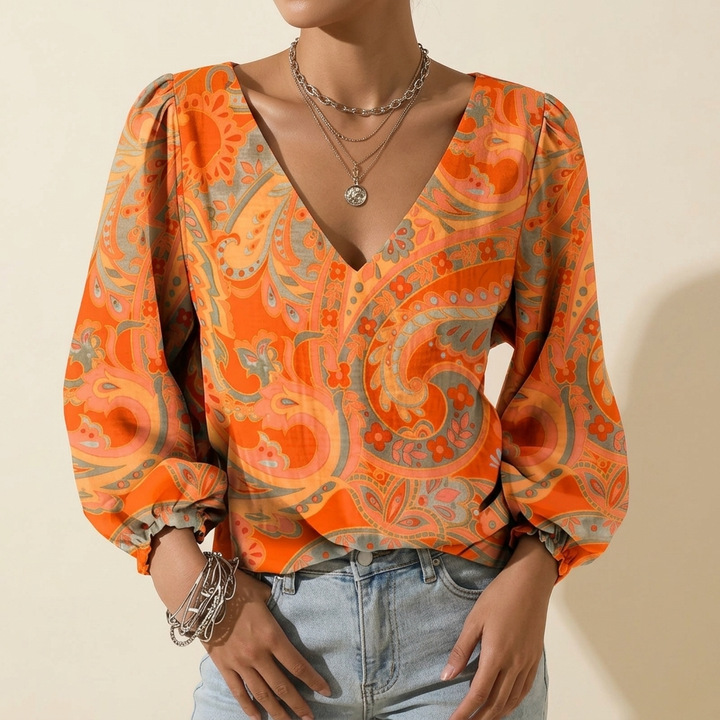 SOLARA PAISLEY V-RINGAD BLUS